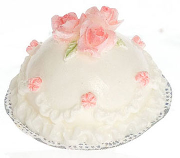 Dollhouse Miniature Round White Cake W/Pk Roses, 2Pc